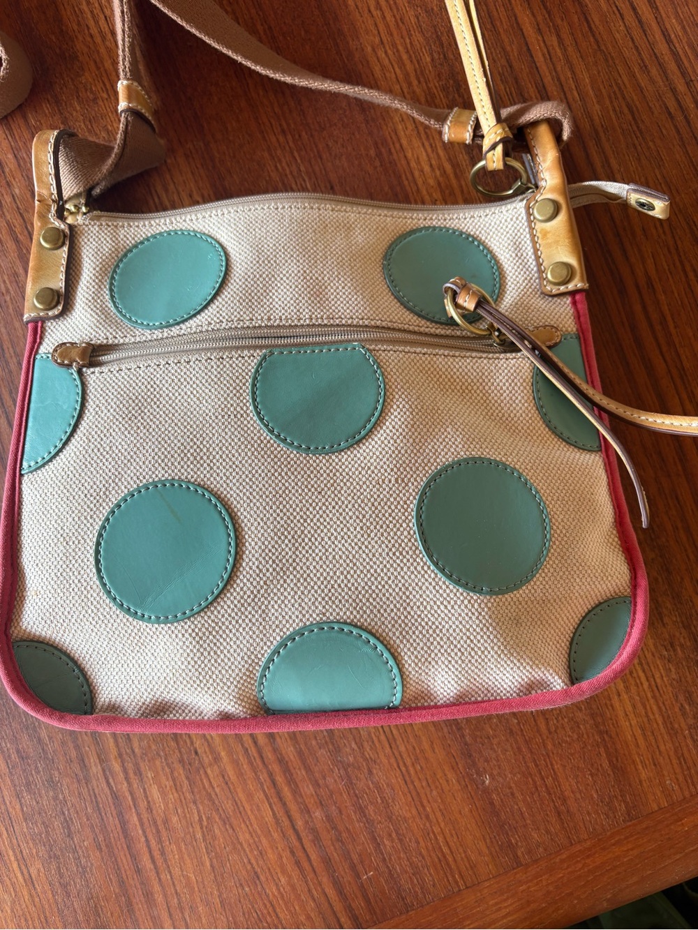 Fossil Cream Canvas Crossbody with Teal Polka Dots and Pink Trim - Picture 6 of 8